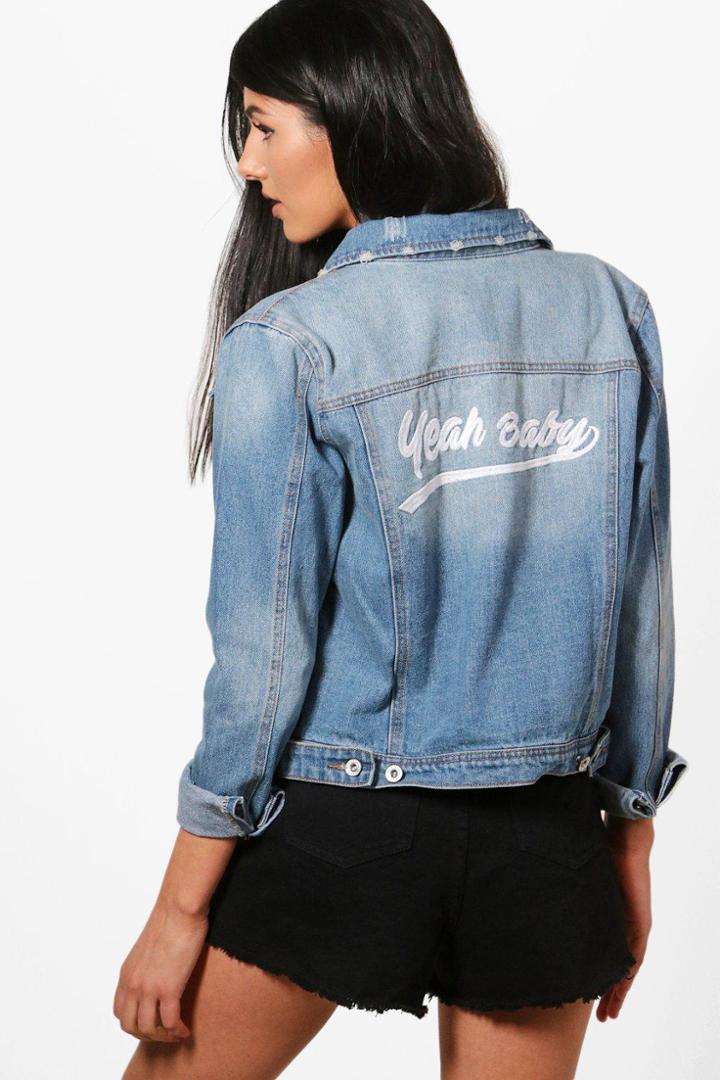 Boohoo Reese Embroidered Slogan Back Western Jean Jacket Blue