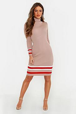 Boohoo Petite Roll Neck Sports Stipe Jumper Dress