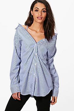 Boohoo Jasmine Off The Shoulder Stripe Tailored Shirt