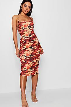 Boohoo Rita Camo Square Neck Bodycon Midi Dress