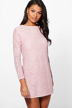 Boohoo Ismita Lace Long Sleeve Shift Dress