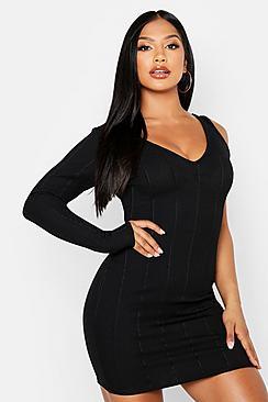 Boohoo Bandage Rib Cut Out Shoulder Bodycon