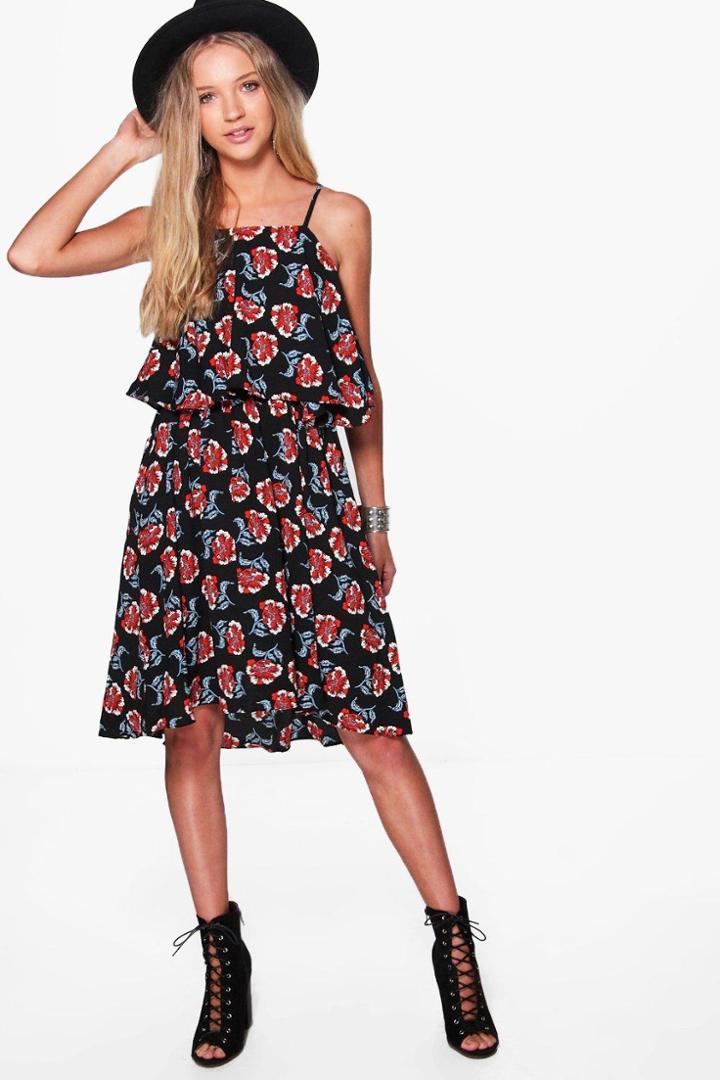 Boohoo Philly All Over Printed Strappy Swing Dress Black