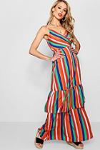Boohoo Wendy Wrap Ruffle Hem Multi Stripe Maxi Dress