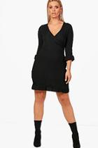 Boohoo Plus Lindsey Rib Wrap Over Frill Detail Dress