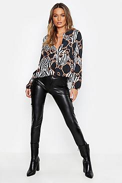 Boohoo Chain & Animal Plunge Woven Smock Top