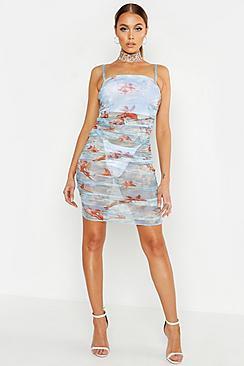 Boohoo Ruched Mesh Cherrub Print Mini Dress