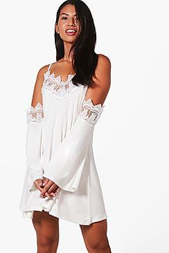 Boohoo Katy Lace Trim Cold Shoulder Swing Dress