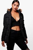 Boohoo Florence Belted Faux Fur Trim Padded Coat