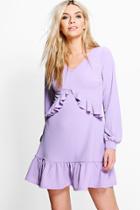 Boohoo Jian Long Sleeve Ruffle Tea Dress Lilas