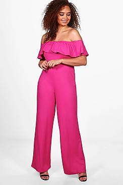 Boohoo Plus Off The Shoulder Frill Wide Leg Jumpsuit