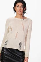 Boohoo Camille Distressed Fine Knit Jumper Stone