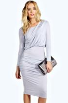 Boohoo Sana Drape Shoulder Midi Dress Grey