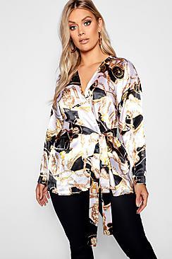 Boohoo Plus Satin Chain Print Wrap Top