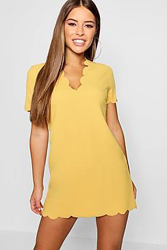 Boohoo Petite Scallop Edge V- Neck Shift Dress