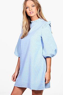 Boohoo Lucie Gingham Puff Sleeve Woven Shift Dress