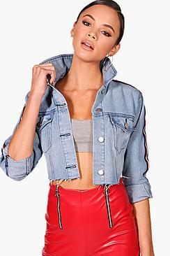 Boohoo Jas Sports Stripe Tape Cut Off Denim Jacket