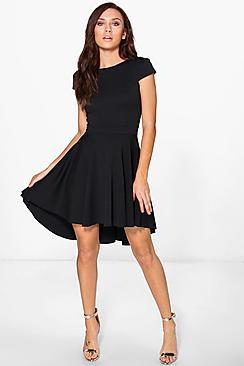 Boohoo Maisie Cap Sleeve Dip Hem Skater Dress