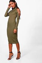 Boohoo Sky One Shoulder Lace Up Eyelet Midi Dress