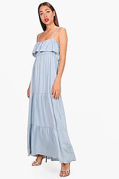 Boohoo Michi Ruffle Tiered Denimmaxi Dress