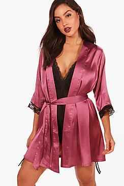 Boohoo Mila Satin Lace Sleeve Kimono Robe