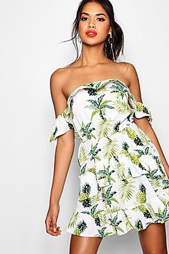 Boohoo Paz Pineapple Off The Shoulder Skater Dress
