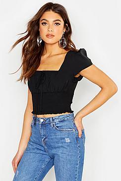 Boohoo Woven Square Neck Shirred Crop Top