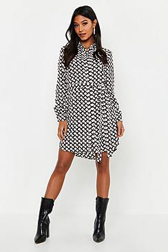 Boohoo Mono Geo Button Woven Shirt Dress