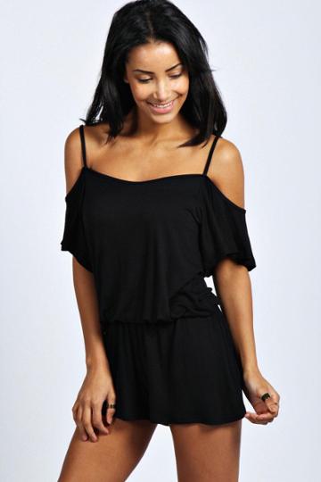 Boohoo Jules Ruffle Open Shoulder Playsuit - Black