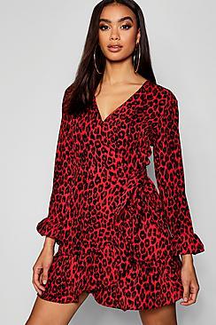 Boohoo Leopard Print Wrap Front Tea Dress