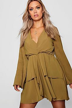 Boohoo Plus Wide Sleeve Knot Front Skater Dress