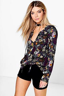Boohoo Faith Dark Floral Open Neck Blouse