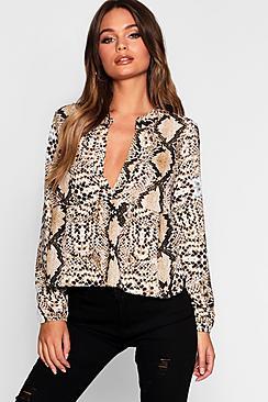 Boohoo Snake Plunge Woven Smock Top