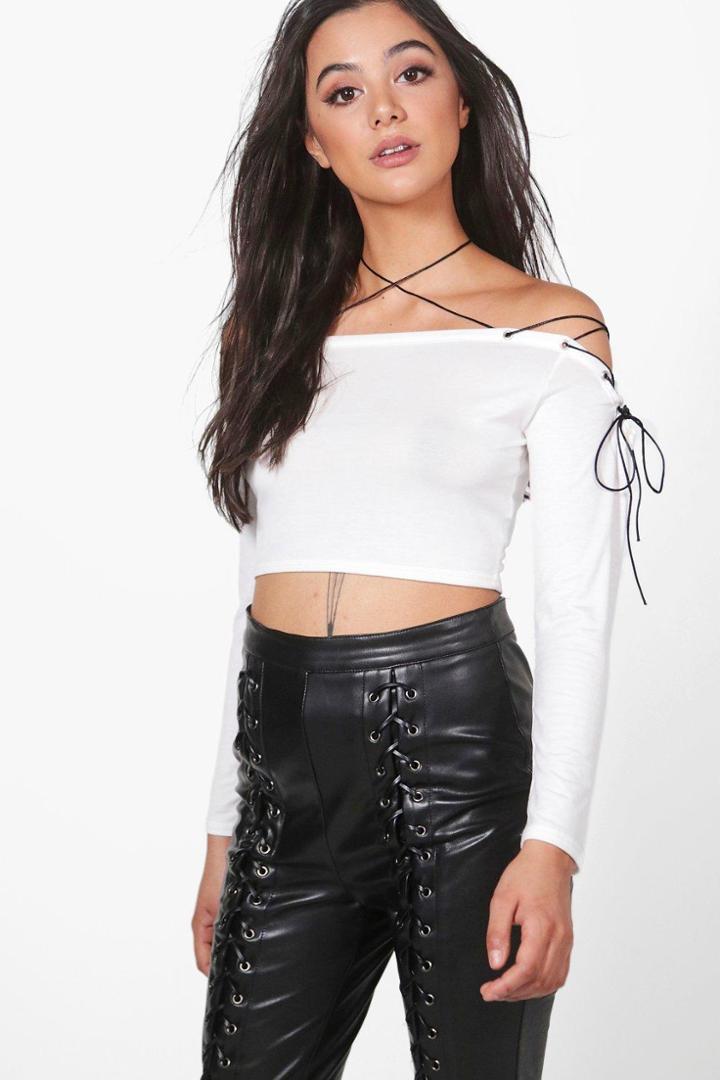 Boohoo Sophie Strappy Tie Shoulder Crop Top Cream