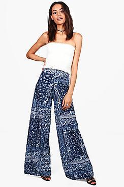 Boohoo Ellie Dark Bohemian Wide Leg Trousers