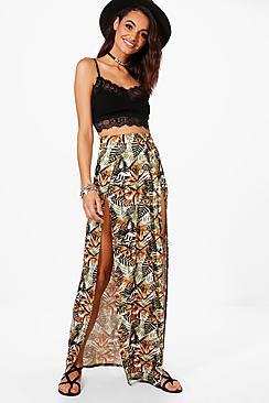 Boohoo Jessica Tropical Print Double Split Maxi Skirt