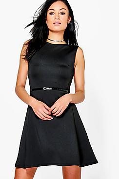 Boohoo Emily Belted Scuba Skater Dress