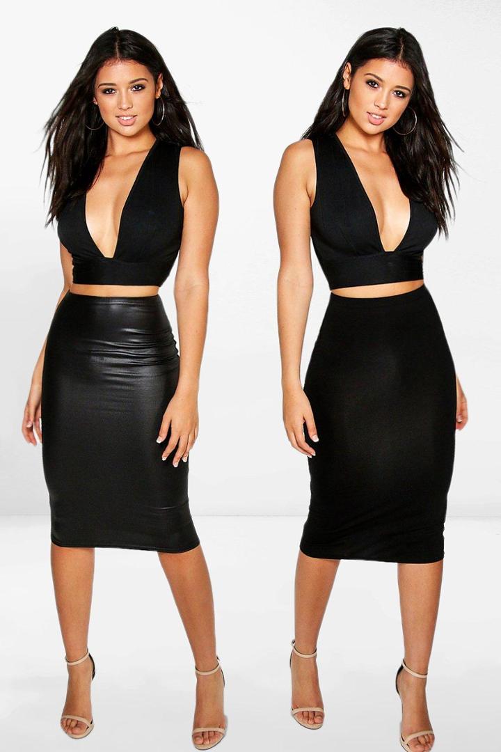 Boohoo Amaya 2 Pack Wet Look And Jersey Midi Skirt Black