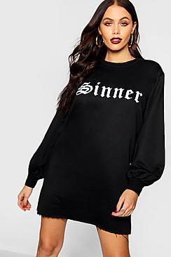 Boohoo Halloween Sinner Balloon Sleeve Oversized Sweatshirt Dress