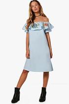 Boohoo Joanna Embroidered Off Shoulder Shift Dress