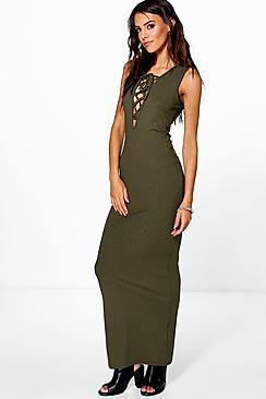 Boohoo Pamela Lace Up Front Ribbed Maxi Dress