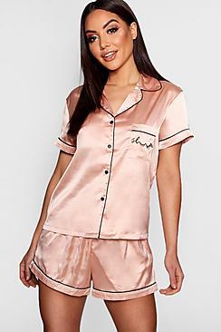 Boohoo Lisa 'sleep' Embroidered Satin Short Set