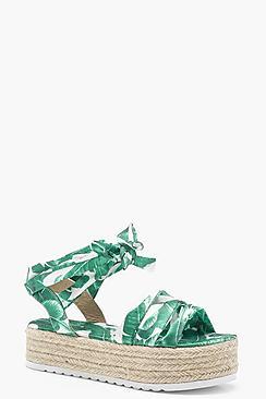 Boohoo Tropical Print Wrap Strap Espadrille Flatforms