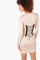 Boohoo Alice Lace Up Back Bodycon Dress Sand