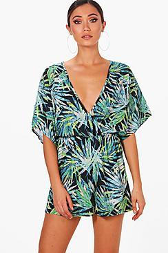 Boohoo Lydia Palm Print Kimono Playsuit