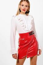Boohoo Georgia Ruffle Flare Cuff High Neck Blouse