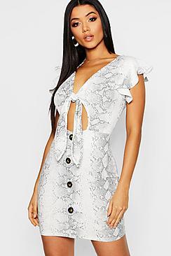 Boohoo Snake Print Tie Horn Button Bodycon Dress