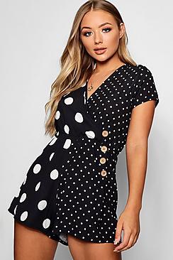 Boohoo Polka Dot Wrap Button Playsuit