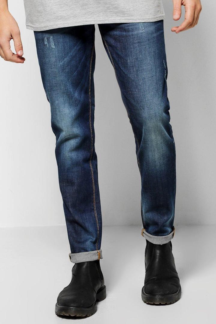 Boohoo Slim Fit Mid Wash Jeans With Sand Blasting Blue
