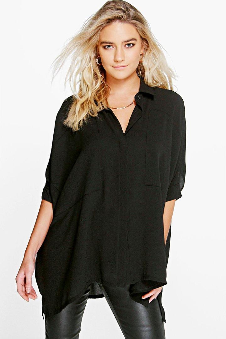 Boohoo Cat Oversized Panel Detail Batwing Shirt Black